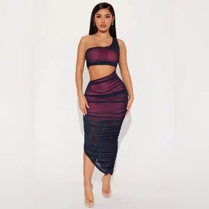 Fashion Nova Viola Aura Mesh Midi One Shoulder Dress